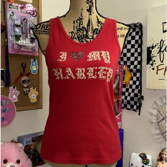 2008 Harley Davidson I Heart My Harley Tank Top Red Rhinestones Trashy Y2k Biker - Picture 2 of 8
